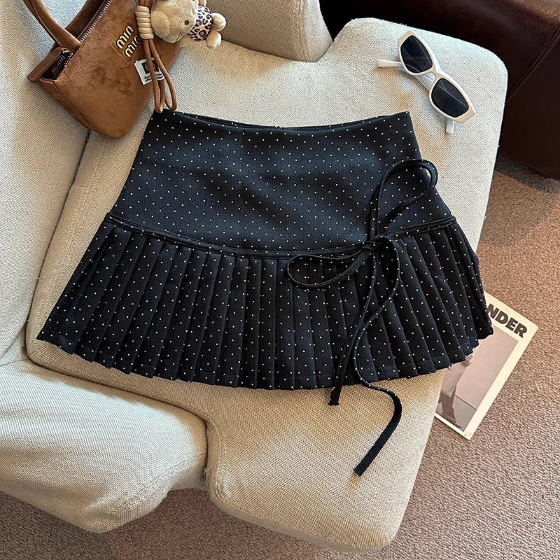 Women's Polka Dot A-Line Pleated Skirt with Bow Tie - Petite Christmas Red