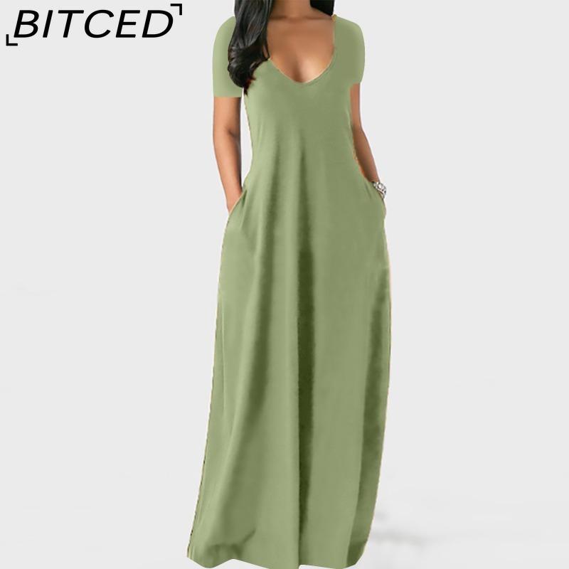 BITCED Summer Plus Size Women's Solid Colour Sensual Deep V-Neck Short-Sleeved Pocketed Maxi Dress