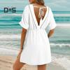 Women Summer Dress V Neck Short Sleeves Pleated High Waist Beach Coverup Loose Mini Dress Lace-up Tassel Strap Backless Slit Hem Dress