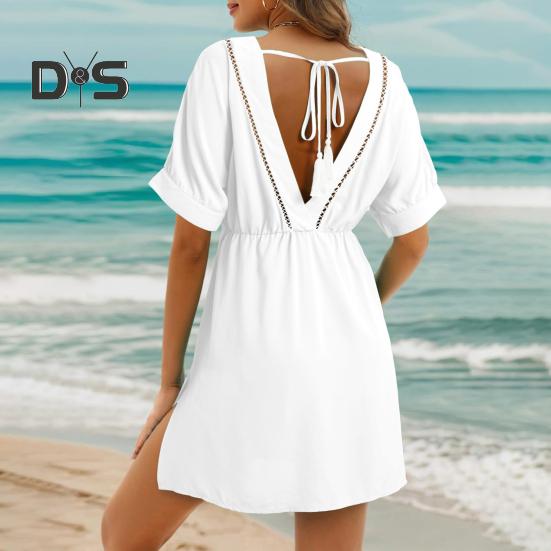 Women Summer Dress V Neck Short Sleeves Pleated High Waist Beach Coverup Loose Mini Dress Lace-up Tassel Strap Backless Slit Hem Dress