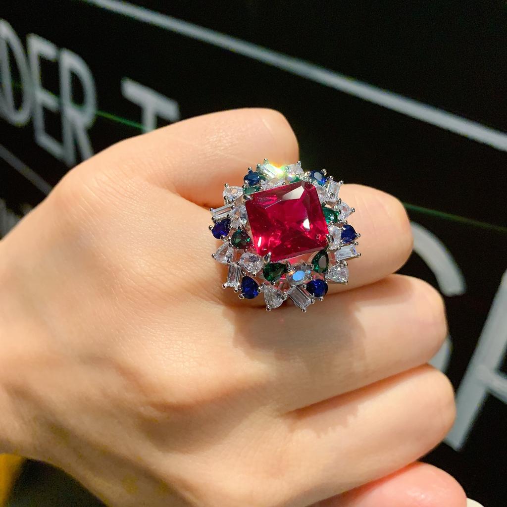 European and American popular rings imitation red treasure color matching stone creative pendant ring set main stone 12 * 12