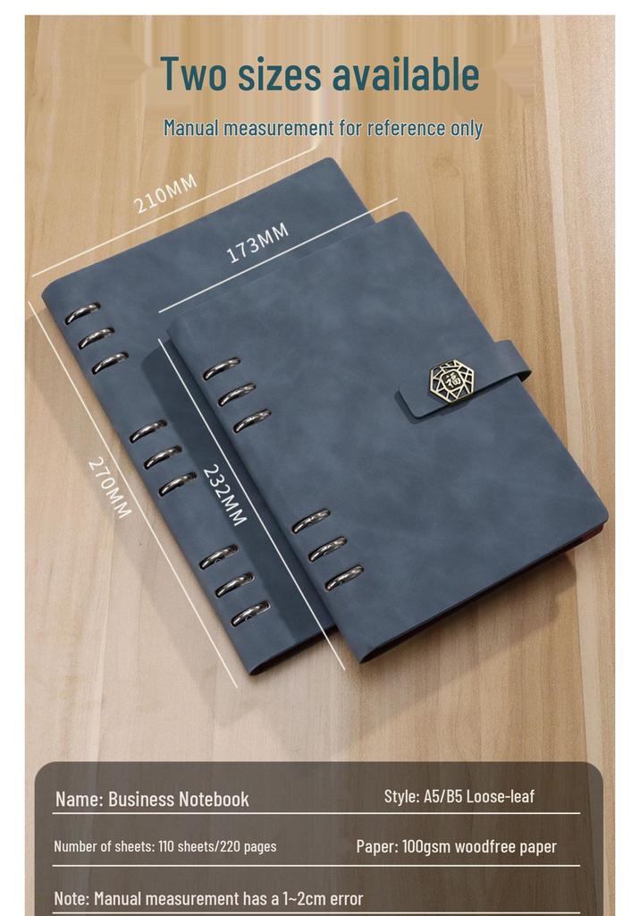 A5 Leather Business Notebook with Logo Printing, Thick Ring Binder & Buckle Closure - Perfect for Office Notes