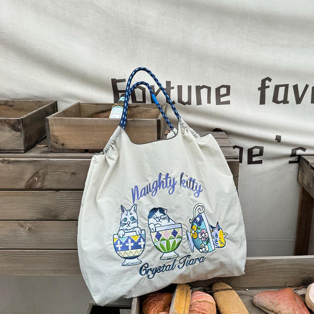 Japanese Style Handmade Waterproof Nylon Canvas Bag with Embroidered Patterns, Large Capacity