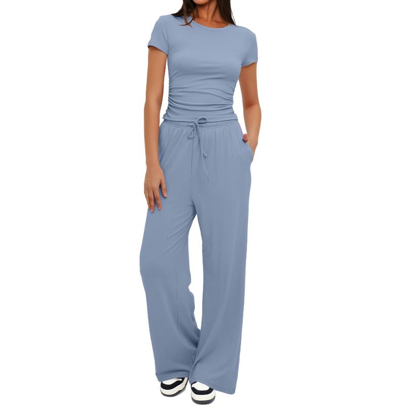 Solid Color Casual Long Sleeve Set Top High Waisted Wide Leg Pants Sportswear
