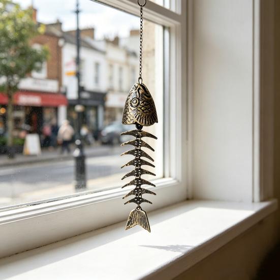 Fish Skeleton Windchime Vintage Metal Fish Bone Wind Chime Outdoor Hanging Bell with Soothing