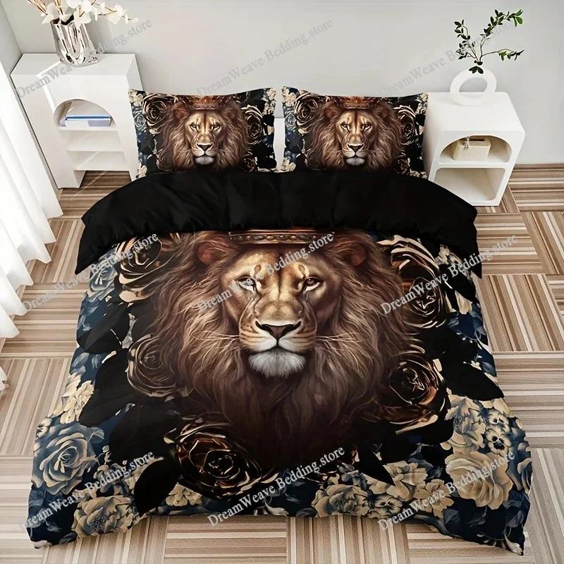 Lion Duvet Cover Set Safari Bedding Set Wildlife Hunting Polyester Double Queen King Size Quilt Cover for Kids Teens 3D Print