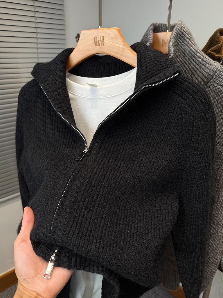 Men's Double Zipper High Neck Cardigan Knit Sweater - Autumn/Winter 2025 Trendy Casual Outerwear