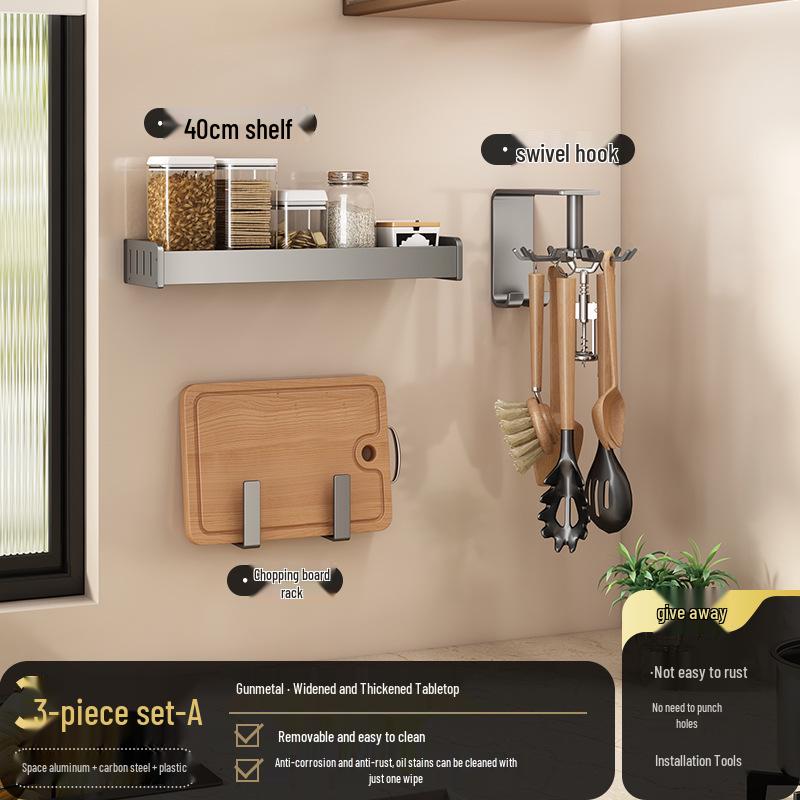 Gunmetal Gray Wall-Mounted No-Drill Kitchen Rack for Knives, Seasonings, and Cutting Boards