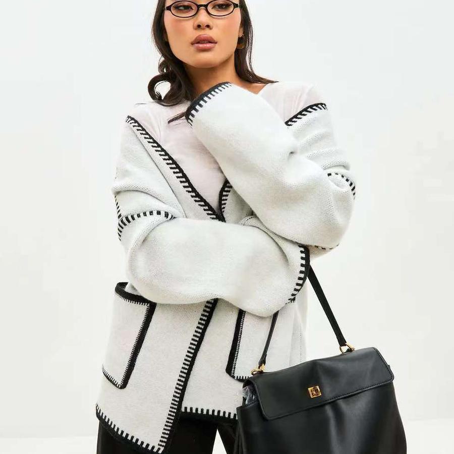 Knitted Open-Front Cardigan Sweater Spring New Style Loose Color Block Long Sleeve Wool Coat