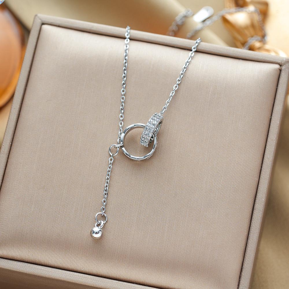 Luxury Double Hoop Tassel Choker Necklace For Women With Micro-Set Circle Pendant Titanium Steel Jewelry