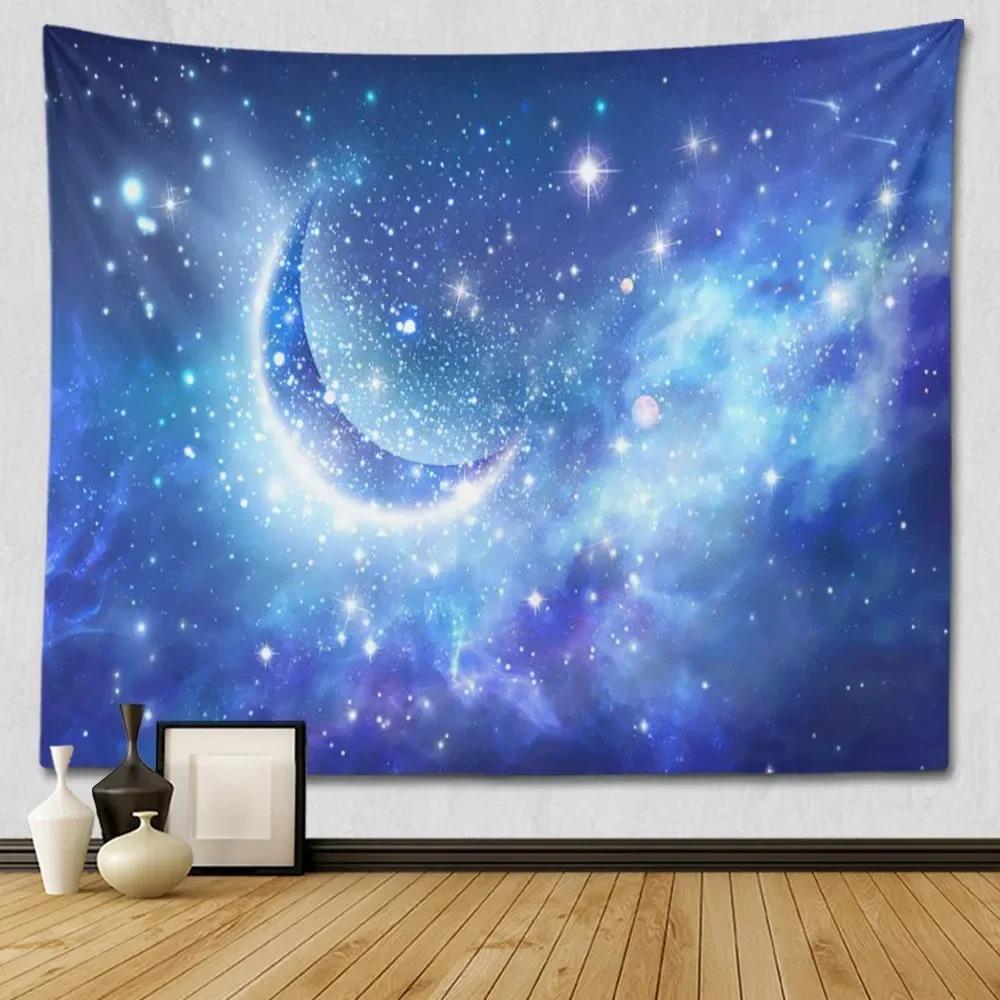 Suitable For Bedroom Wall Decoration Starry Sky Moon Tapestry Blue Starry Night Galaxy Universe Large Fabric Wall Hanging