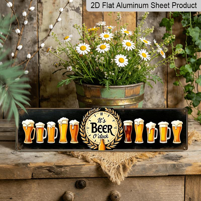 2D Flat, Rustic "It'S Beer O'Clock" Metal Wall Decor - Vintage Pub Sign with Beer Illustrations Alumium Decorative Sign, 3.93X15.74inch, Durable