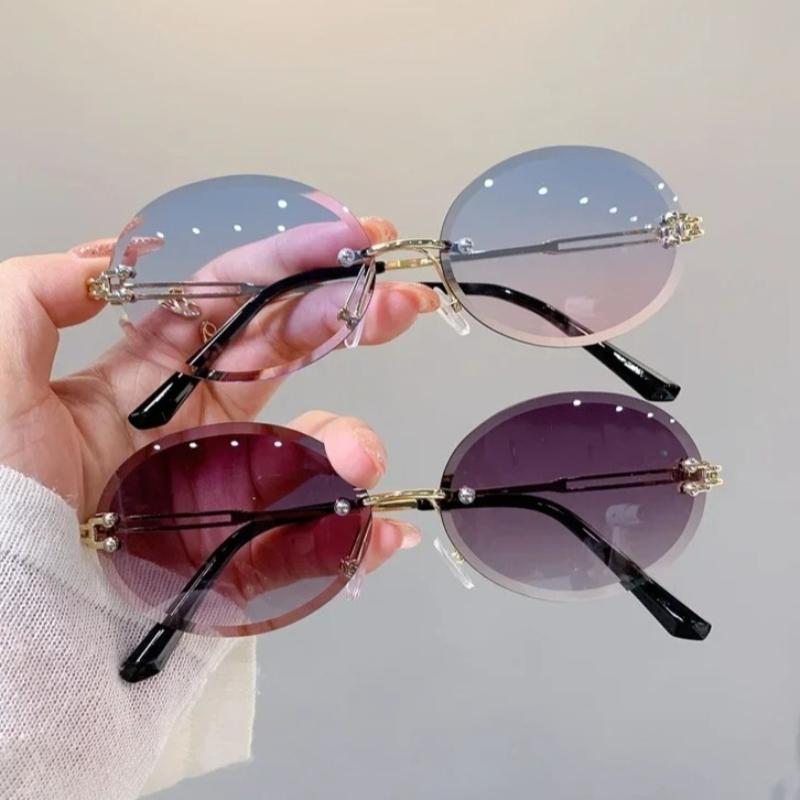 Fashion Rimless Oval Sunglasses For Women Men Retro Gradient Lens Metal Frame Sun Glasses Outdoor Travel Sunglass Shade Eyewear