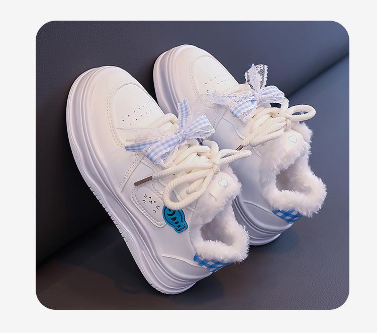 Versatile Children's Winter Plus Velvet Cat-Design Casual Warm Sneakers - White, Women's Sports Flat Shoes