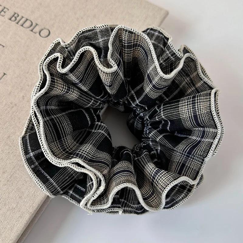 Retro Large Double Layer Plaid Lace Hair Scrunchies Brown Headbands Womens Elegant Hair Tie Girl Hair Rope Rubber Band Headdress