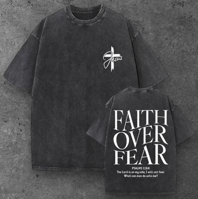 Unisex tričko s nápisem Faith Over Fear, oversized, černé, křesťanské streetwear, S-2XL