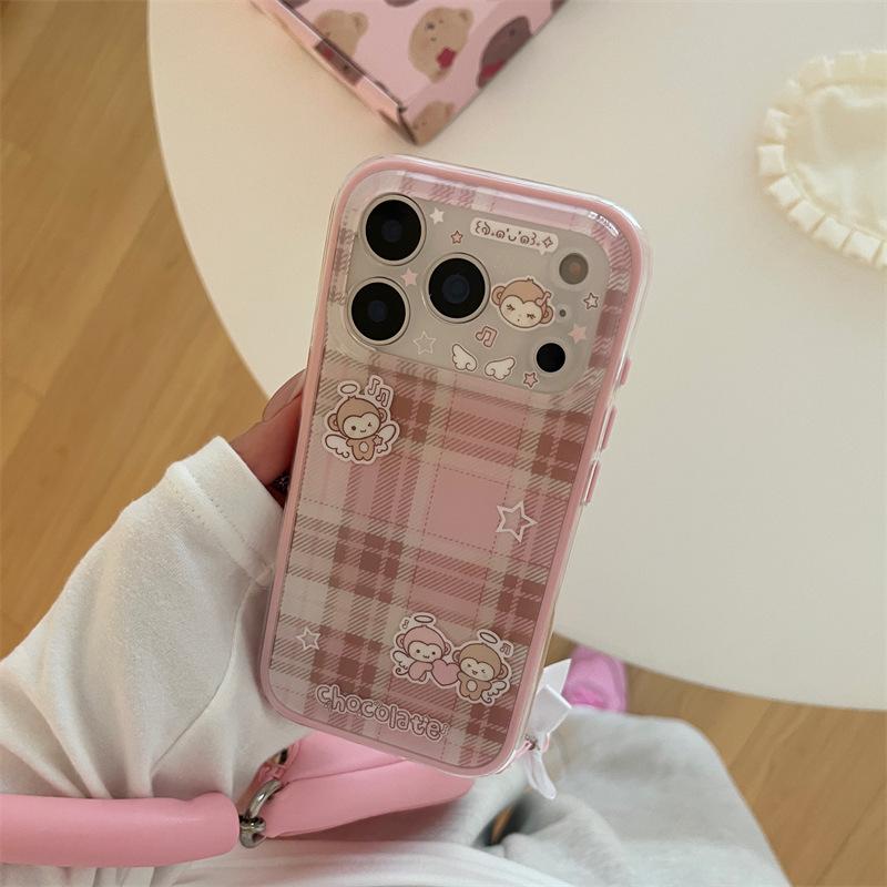 

Korean Pink Plaid Cartoon Monkey Phone Case for iPhone 16/17 Pro Max and 15p/14 iPhone 17