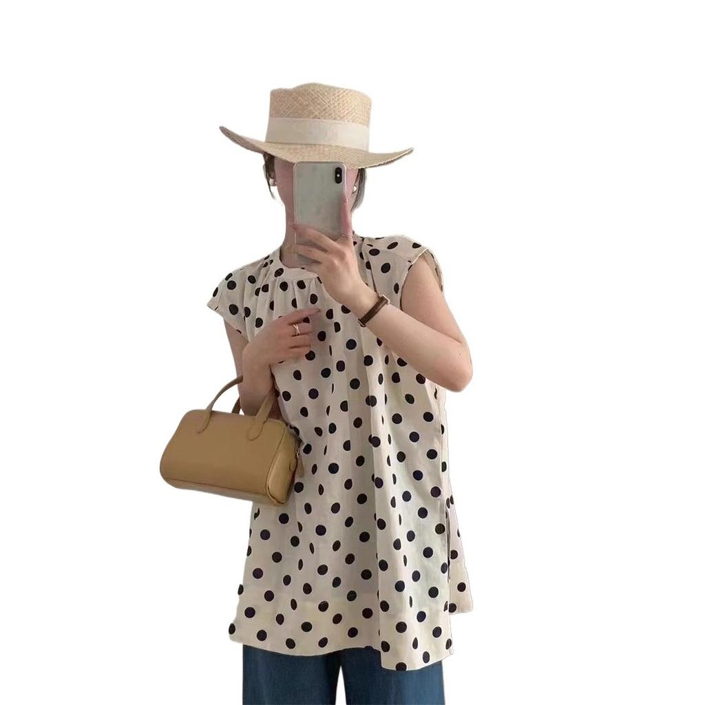 Neuer Stil Sommer Polka Dot Flatterärmel Hemd Damen Locker Mittellang Rundhals Design Sensation Kleines Publikum Schlitz Top