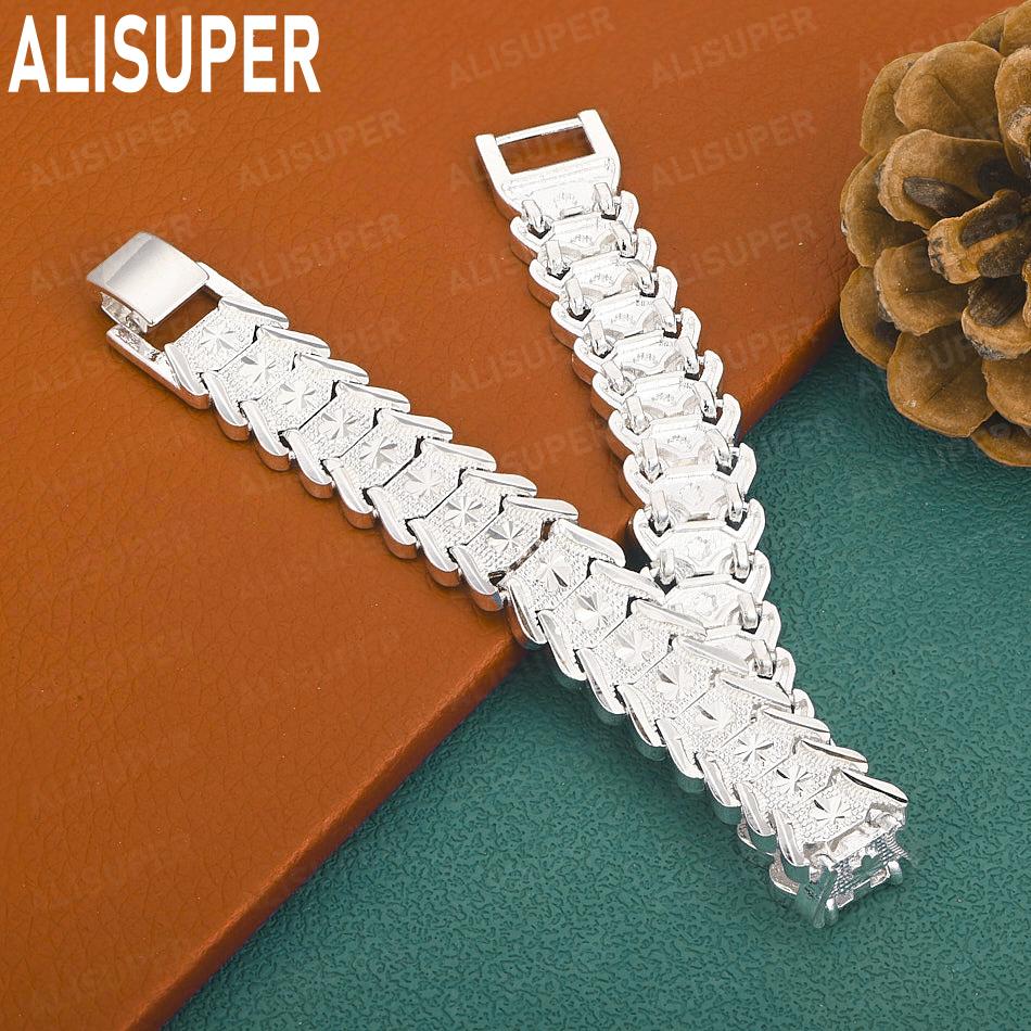 925 Sterling Silver Wide Face Hollowed-Out Starburst Bracelet Gift Jewelry 20cm