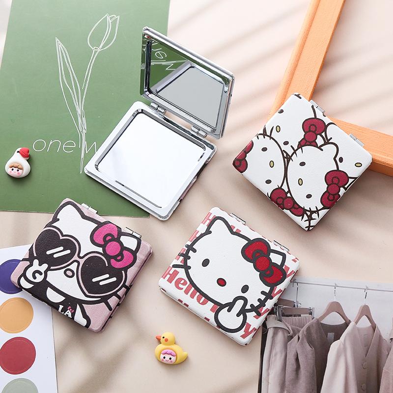 Seria Sanrio Hello Kitty Kawaii Kreskówka Anime Ramka Skóra PU Dziewczęce Serce Mini Składane Mini Dwustronne Lustro Prezent Świąteczny
