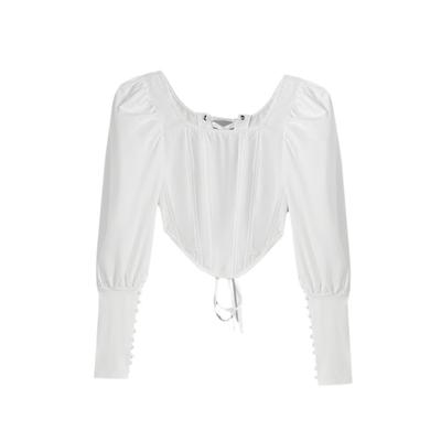 Damen Langarmshirt mit quadratischem Ausschnitt, Trägern und rautenförmigem Fischgrätmuster-Top, das die Taille freilässt
