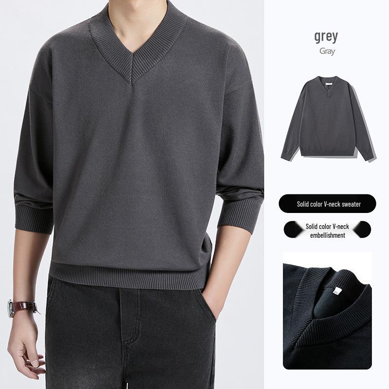 Unisex Solid Color V-Neck Knit Sweater - Trendy Korean Style, Versatile & Casual, Loose Long-Sleeve Top