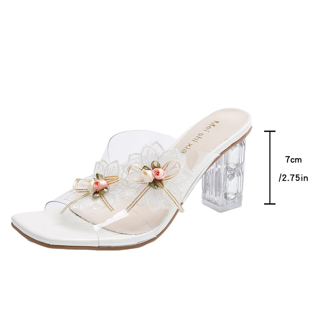 Crystal Square Heel Liangtuo Women's Fashion Square Toe Shallow Mouth Sheer Strap Flower Non-Slip Wear-Resistant High Heels