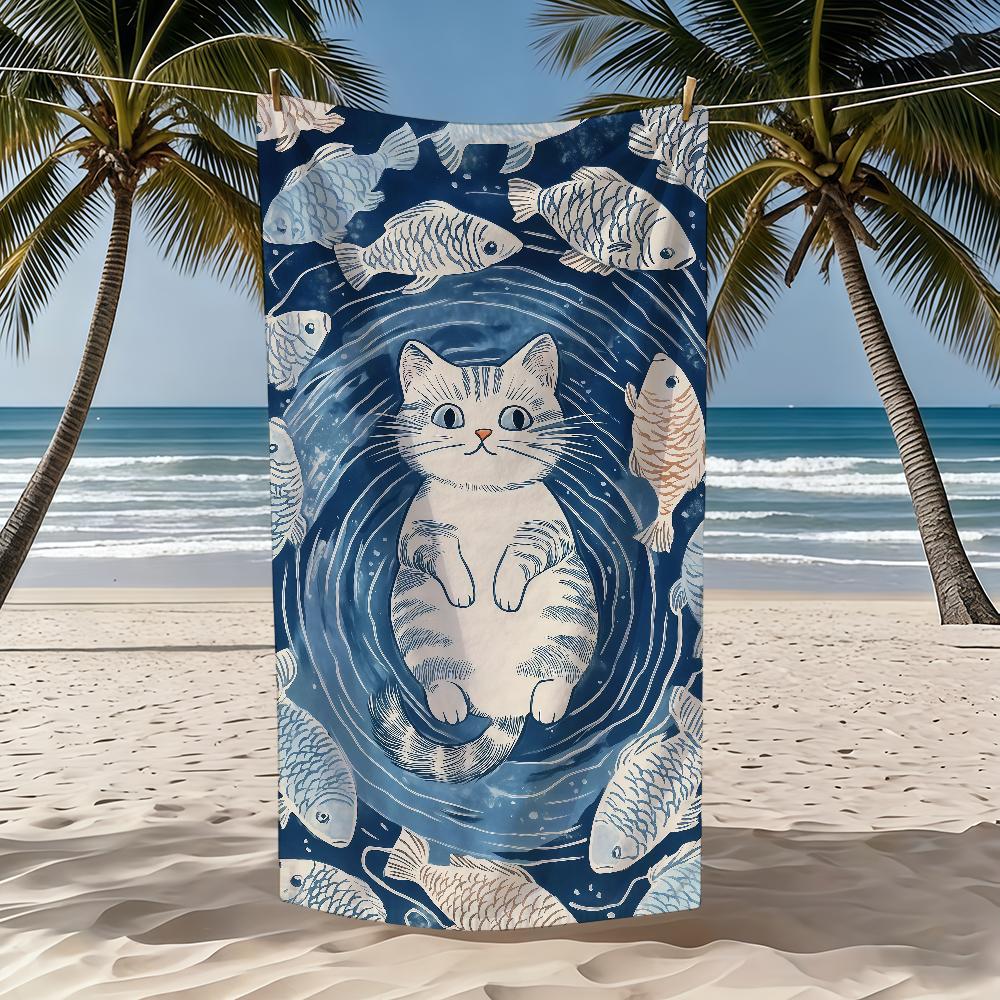 Fish Towel Textile Bathrobe Beach Pattern Quick-Drying Funny Cat Lightweight Portable Retro Camping Swim Pool Travel