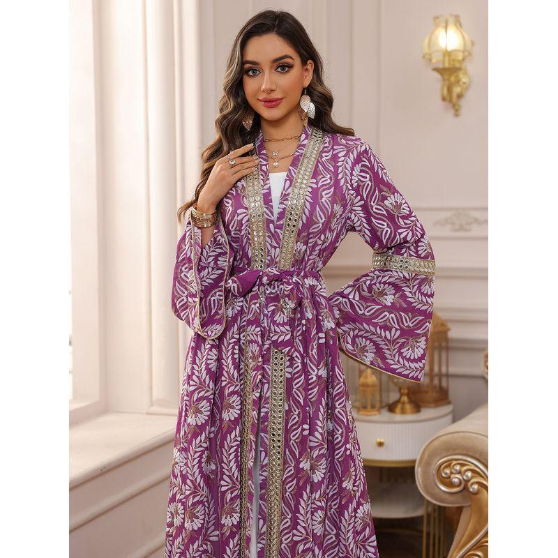 

2025 Embroidered Bell Sleeve Base Skirt Cardigan Belt Middle East Dubai Robe Arab Dress Dress Purple S