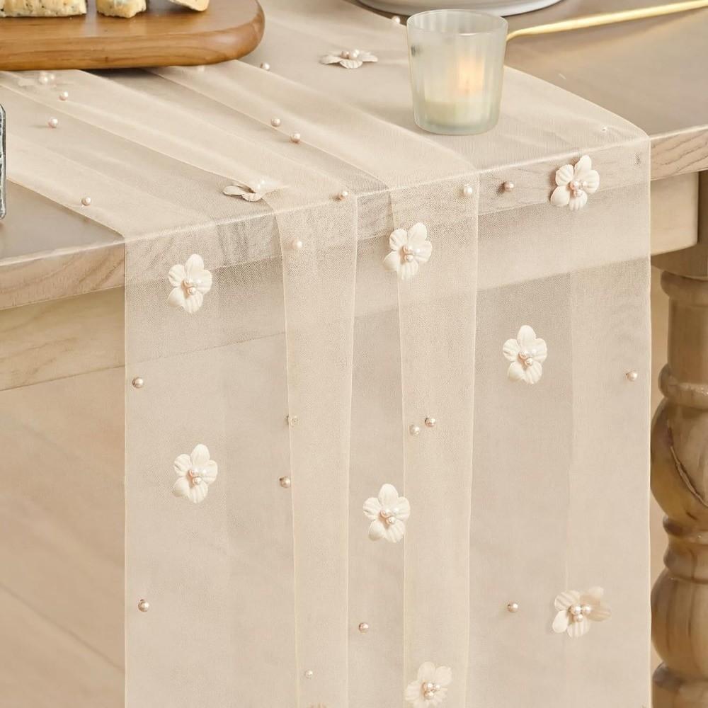 3D Flower Pearl Table Runner Semi-Transparent Multi-color Tulle Table Runner Vintage Romantic Wedding Table Runner