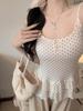 Women's Polka Dot U-Neck Button Strap Tank Top with Subtle Ruffles and Chest Pads - Slim Fit for Spring/Summer