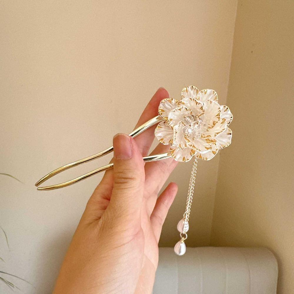 1pc Retro Chinese Style U Shaped Hair Sticks Forks Purple White Flower Designs Pearls Pendant Decor Women Hair Bun Maker Jewelry