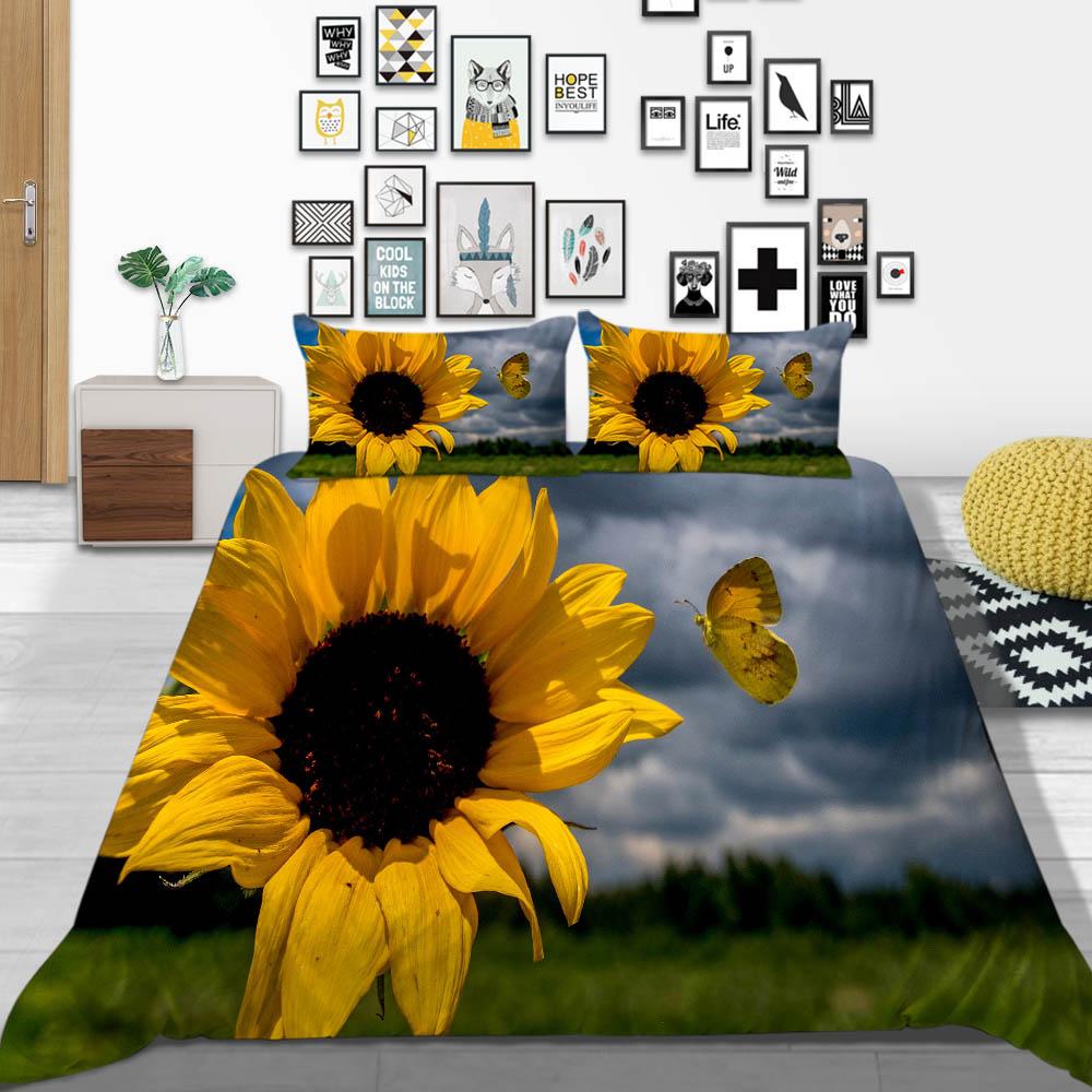 Sunflower Pattern Deluxe Household Bedding Set Full-size Quilt Cover and Pillowcase Plant Print Washable and Comfortable Bedroom Bedding