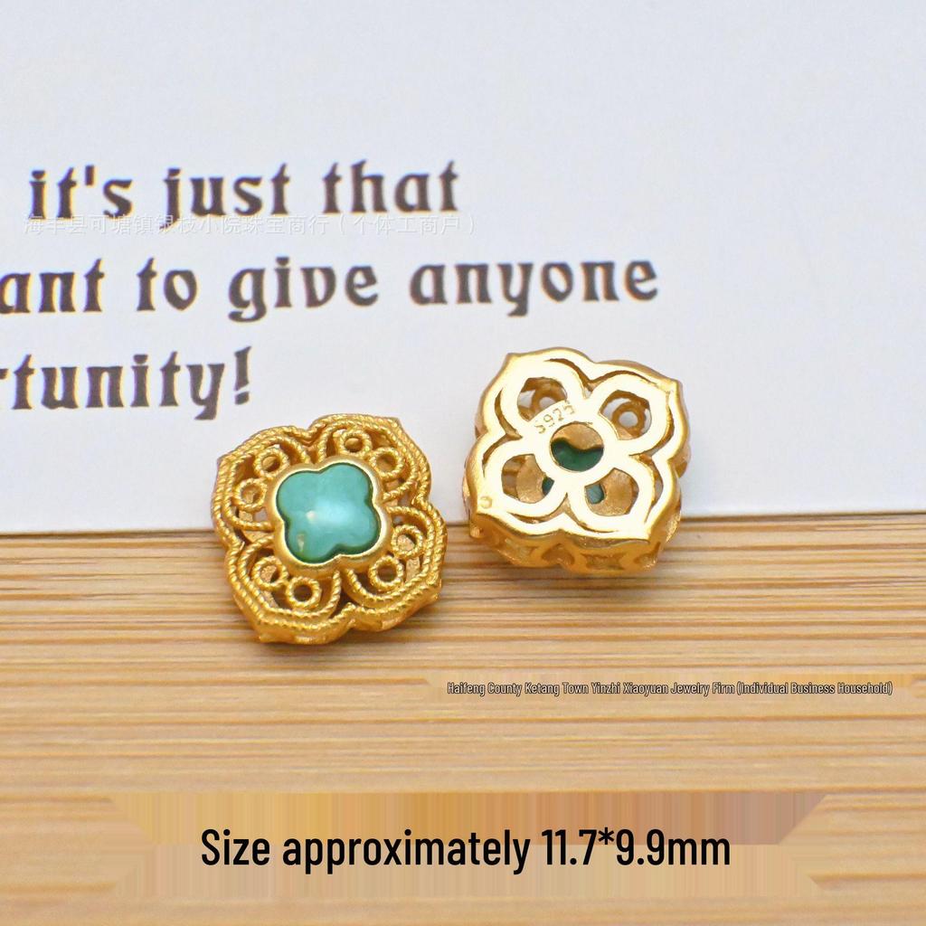 S925 Sterling Silver Gold-Inlaid Raw Turquoise Pendant Spacer Beads