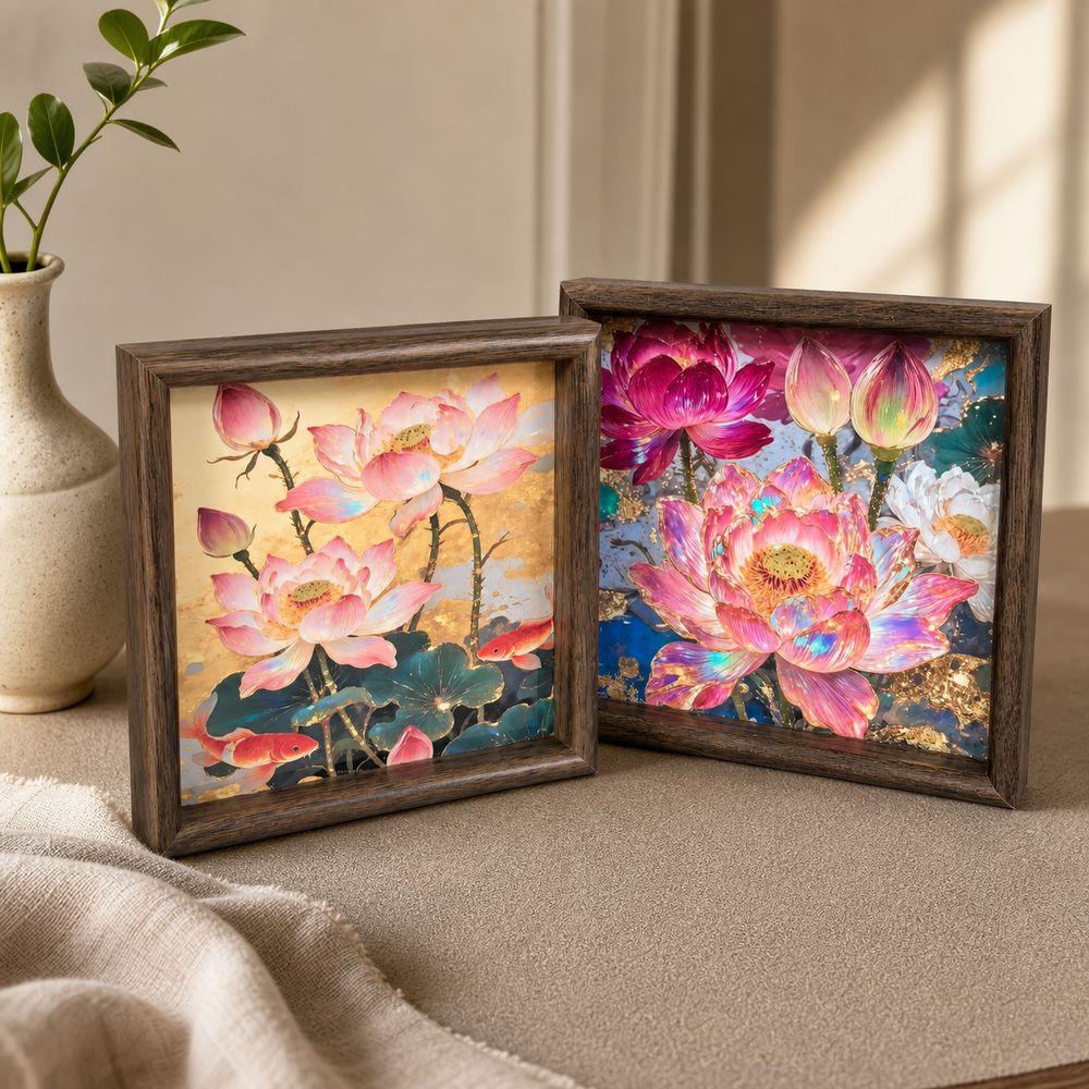 Wooden Lotus Tray Raised Frame Floral Serving Tray for Tabletop Storage Entryway Shelf Home Decor