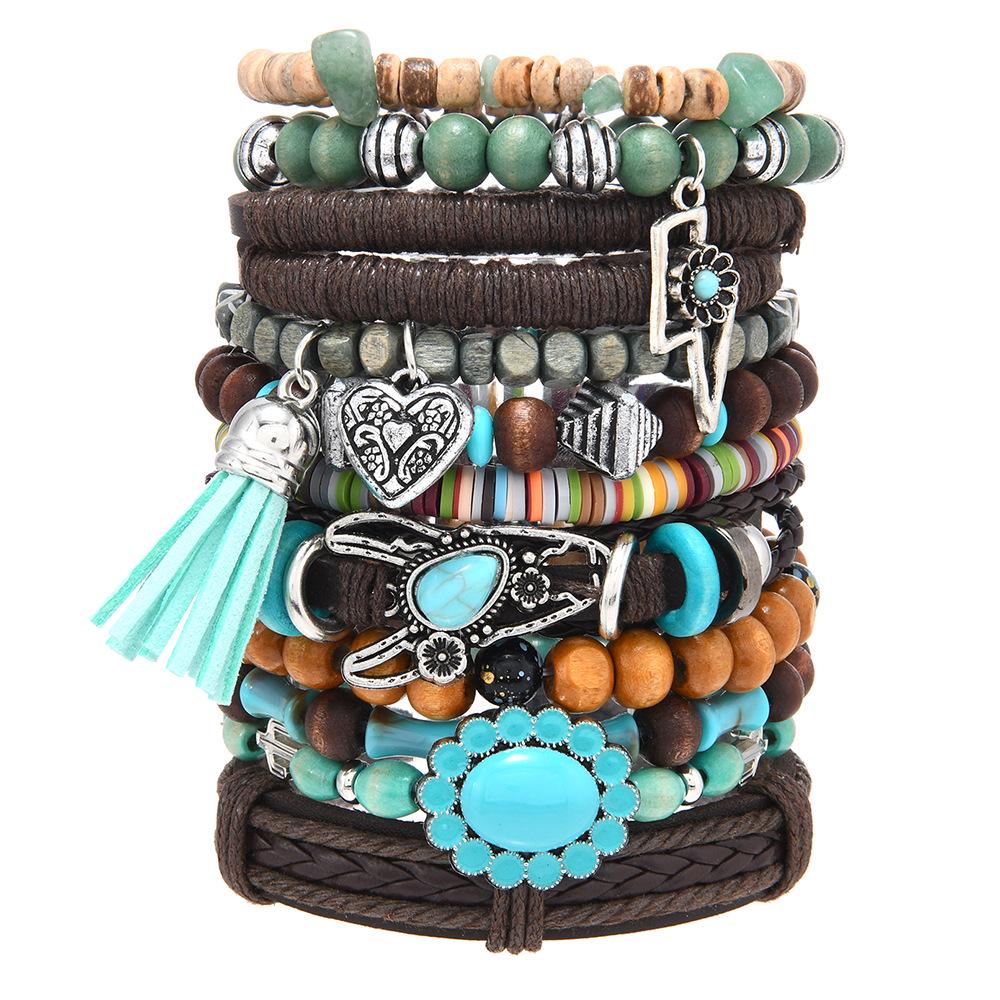 Ретро Цветок Молния Многослойный Эластичный Шнурок Мужской Набор Браслетов из 11 Предметов