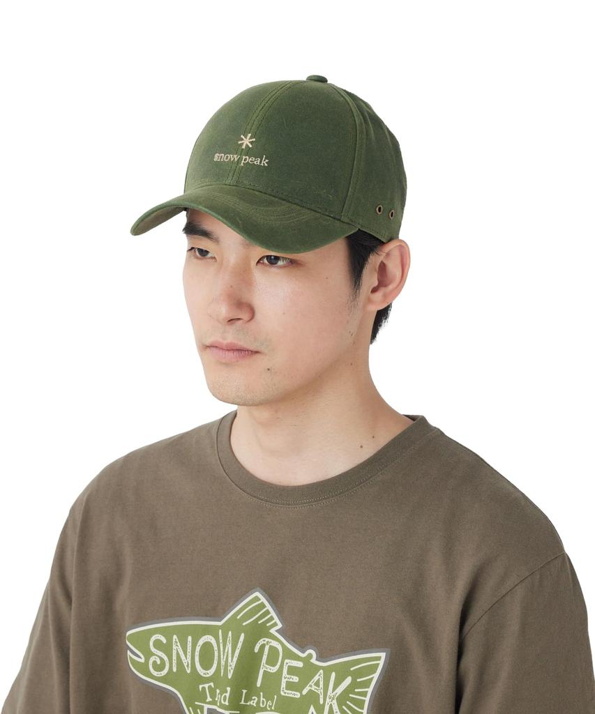 Snow Peak Oiled Cap SPTL-AC-26SU907, Olive, One Size. Unisex wax-coated cap for durable, water-resistant outdoor wear.