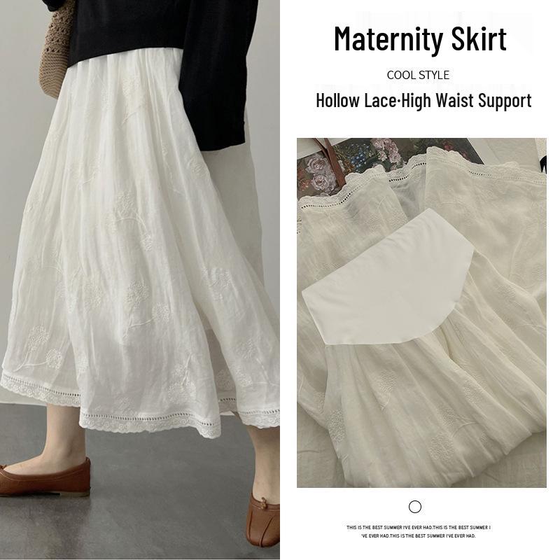 White Cotton Linen Embroidered A-line Maternity Skirt Extra Large