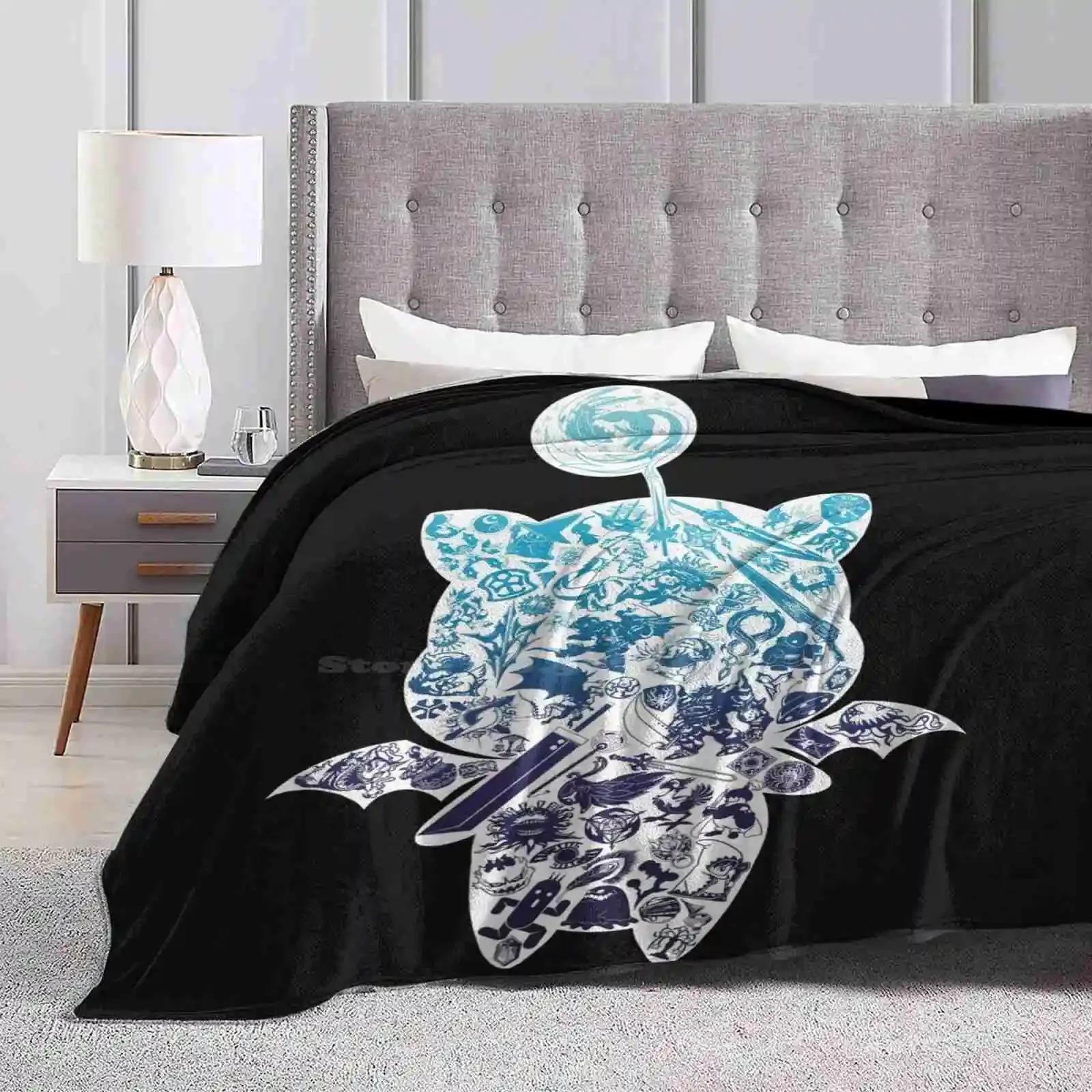 Moogle-Verse ( Blue ) Super Warm Soft Blankets Throw On Sofa/Bed/Travel Finalfantasy Moogle Mogry Chocobo Time Blue Black White 75X95CM