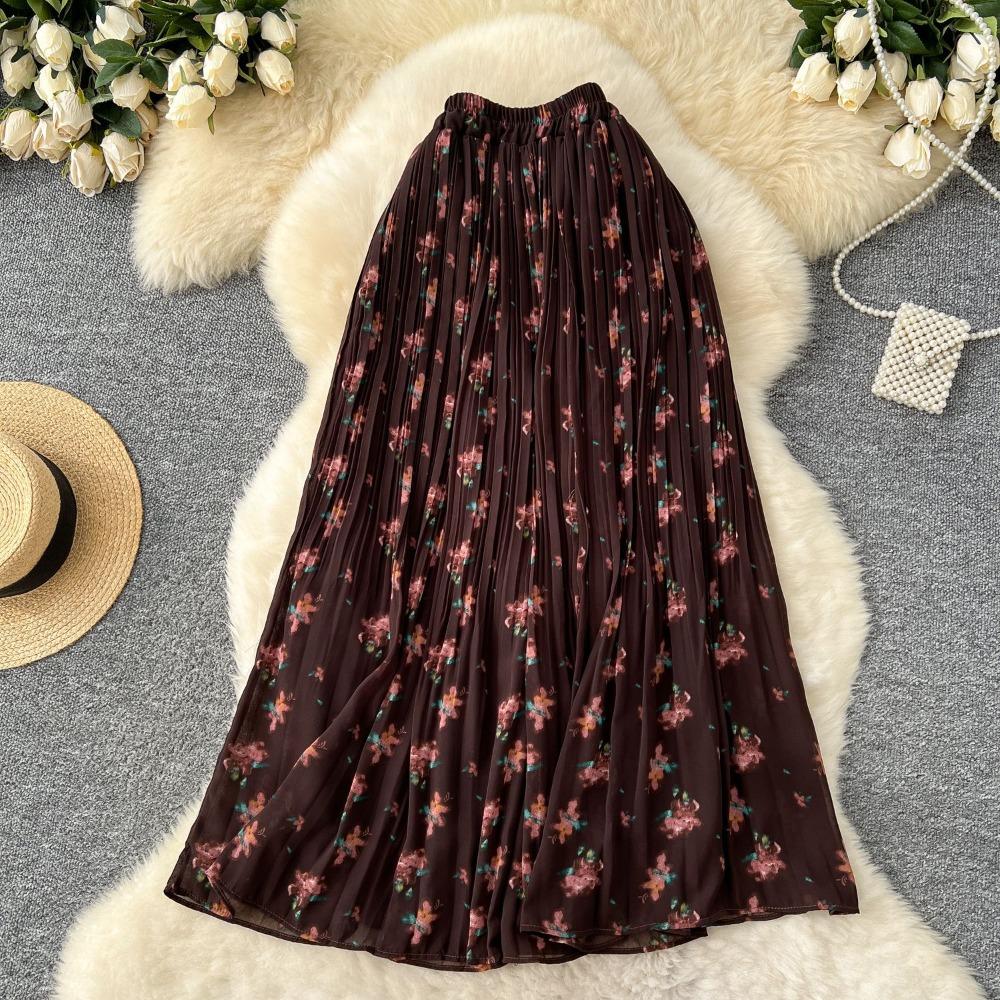 Women's High Waist Floral Chiffon Pleated Maxi Skirt A-Line Flowy Skirt for Summer Daily Wear
