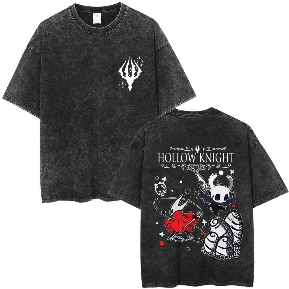 Hollow Knight Vintage Washed Gaming Merch Grafik T-Shirt Unisex Unisex Lässig Oversized Baumwoll-T-Shirt für Cosplay Cartoon-Fans