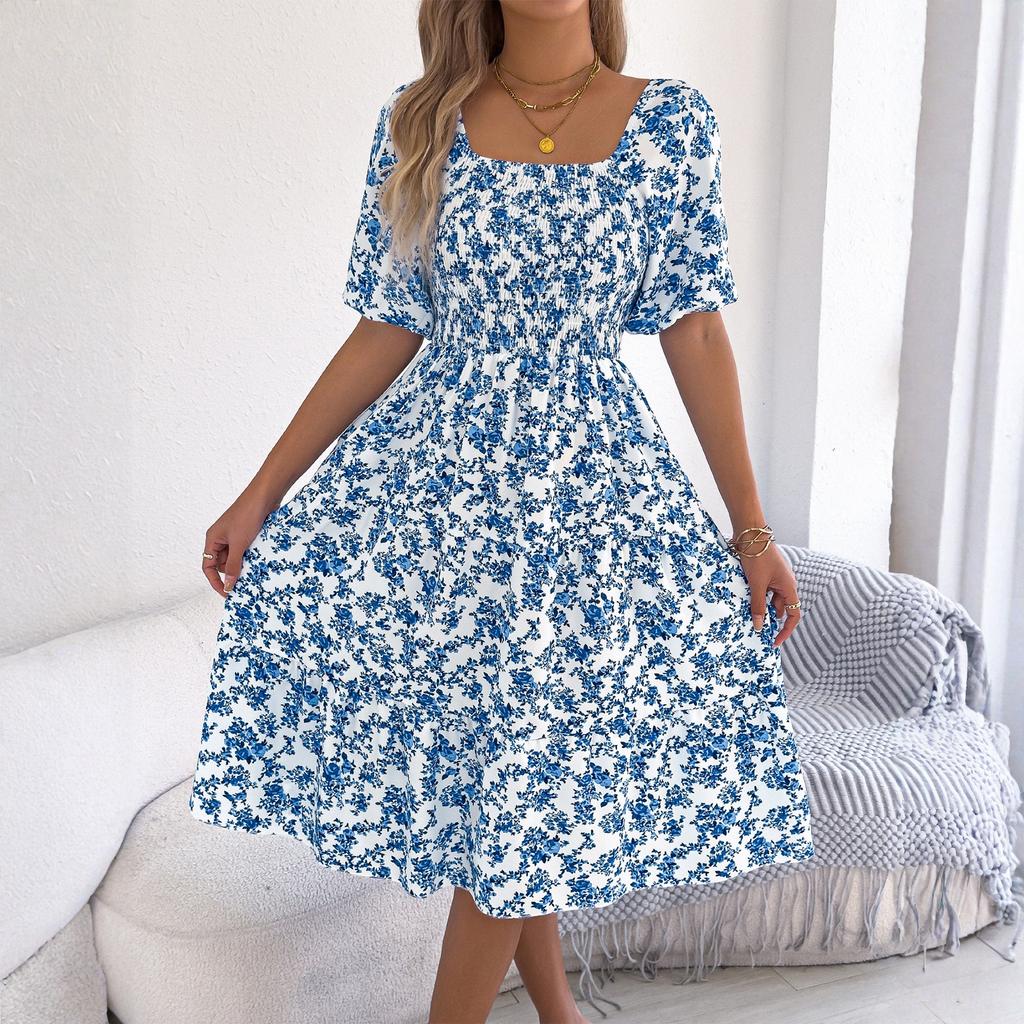 Women's Fashionable Floral Print Square Collar  Short Sleeved Dress With Large Skirt And Loose Fit