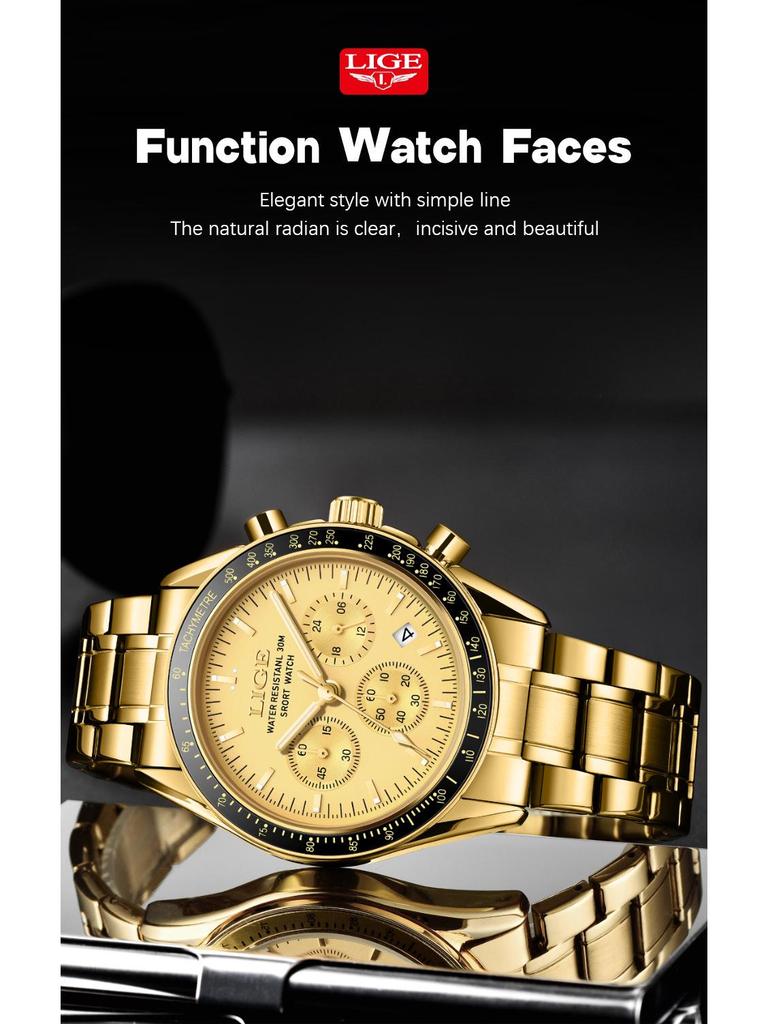 LIGE Elegant Men's Multifunctional Waterproof Wristwatch with Luminous Quartz & Calendar 89137