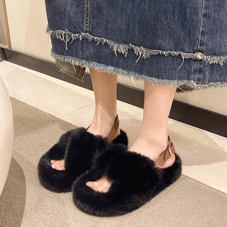 Modische Damen-Pelzpantoffeln für den Außenbereich im Sommer und Herbst, neuer Stil, bequeme Baumwollpantoffeln mit dicker Sohle für zu Hause