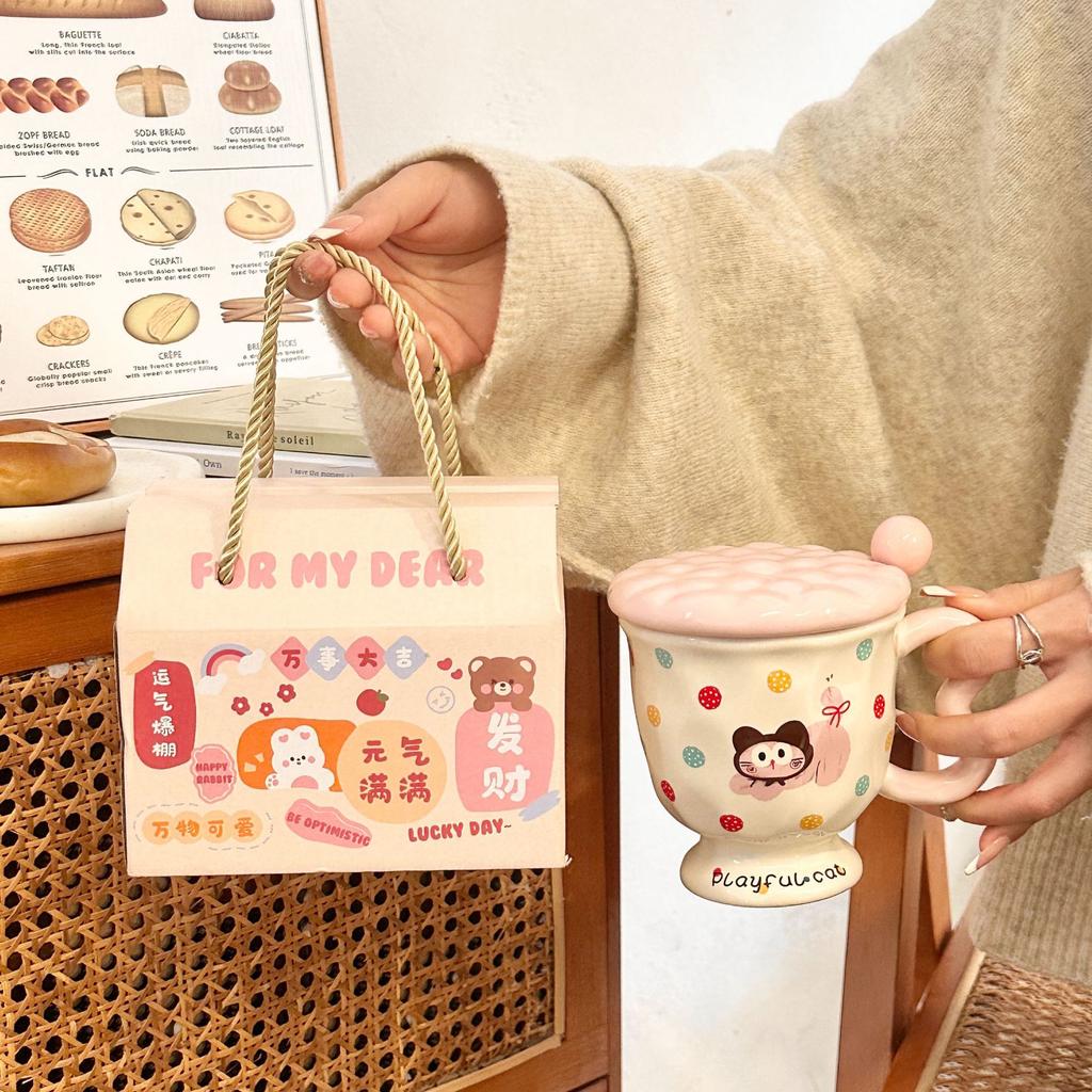 Ins Wind Puppy Mug with Lid Spoon Goblet Ceramic Water Cup Girls Cup Office Coffee Breakfast Cup Cup
