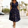 Women’s Short Sleeve V Neck Floral Print Midi Dress with Cross Pleated Waist and A Line for Casual Wear