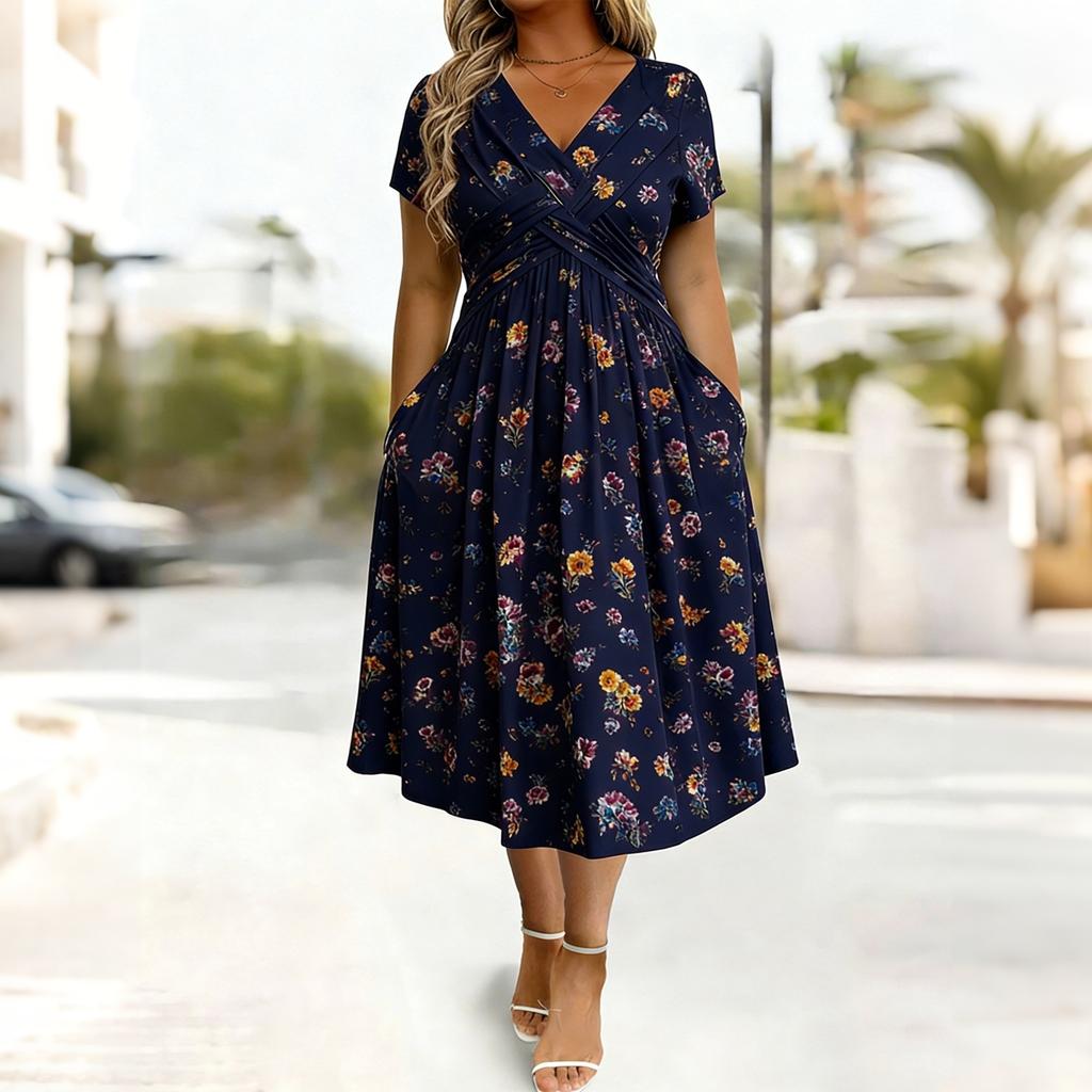 Women’s Short Sleeve V Neck Floral Print Midi Dress with Cross Pleated Waist and A Line for Casual Wear