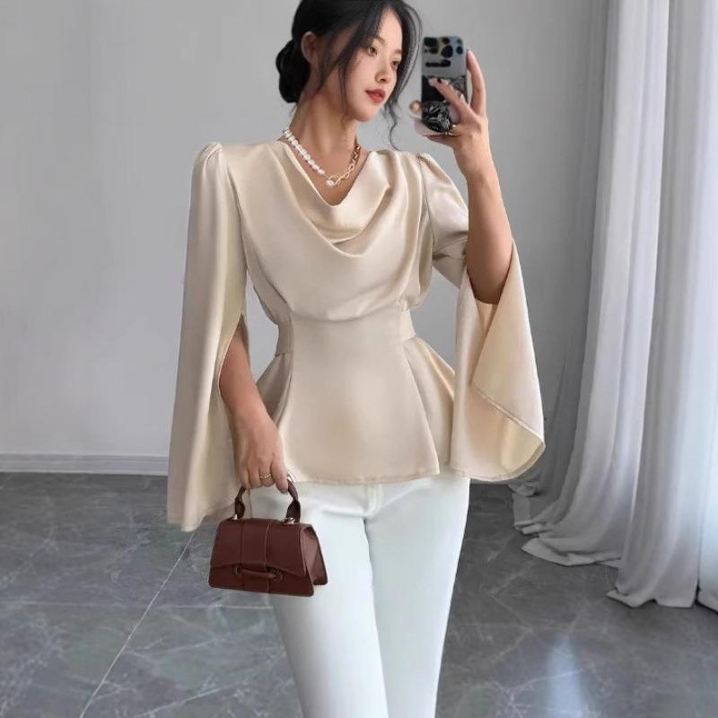 Women Elegant Satin Halter Neck Long Sleeve Waist Slimming Blouse Top