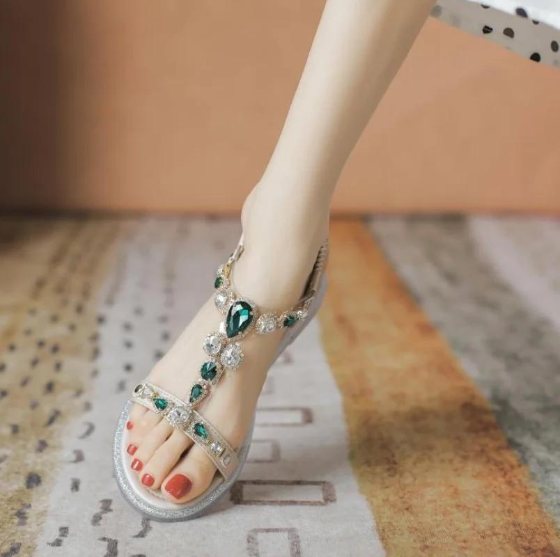 Fashion Flat Summer 2024 Women's Shoes Rhinestones Beach Footwear Sandals for Woman with Medium Heels Open Toe Wedges Heel Daily Korea F
