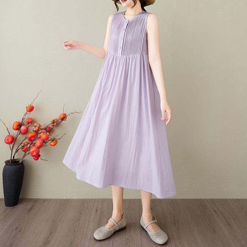 Fashion Fan Solid Color Cotton and Linen Dress Women's 2025 Summer New Crew Neck Sleeveless Pleated Temperament Medium and Long Dress
